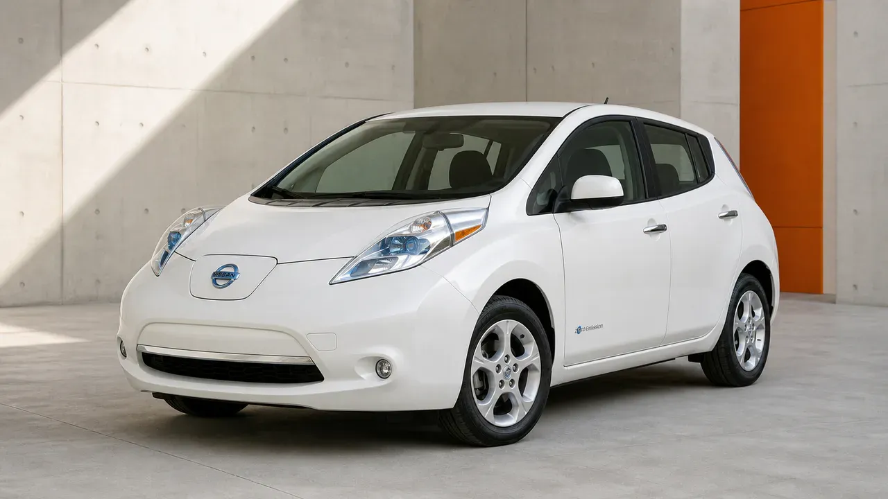 AI-generated editorial cover for “Buying and Inspecting a First Generation Nissan Leaf”, based on Nissan Leaf.
