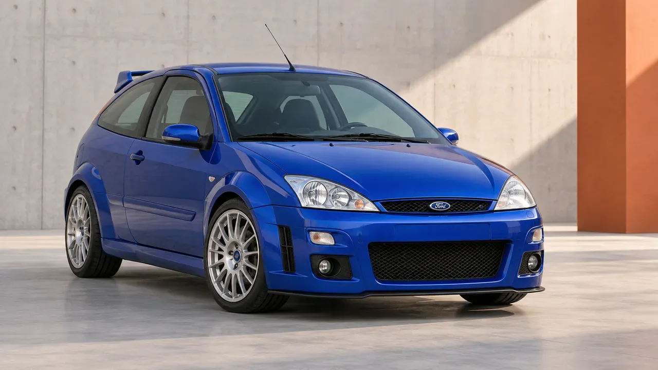 AI-generated editorial cover for “Ford Focus RS Mk1: A Look at the Rally-Born Hot Hatch”, based on Ford Focus RS Mk1 Buyers Guide.