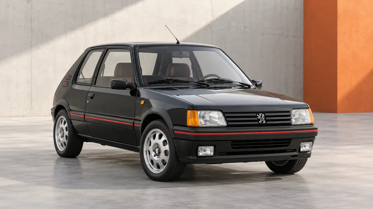 AI-generated editorial cover for “Peugeot 205 GTI: An Examination of the 1.6-litre and 1.9-litre Models”, based on Peugeot 205 GTi Buyers Guide.