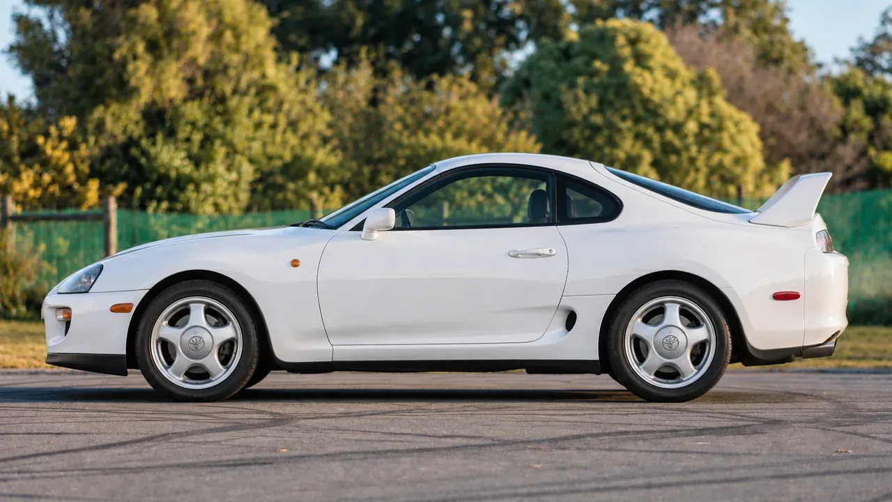 Side profile of a stock white Toyota Supra A80