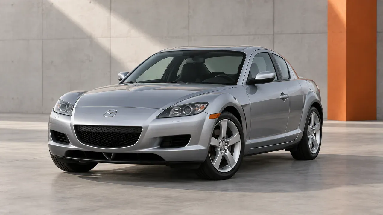 AI-generated editorial cover for “The Development of the Mazda RX-8”, based on Mazda RX8 Buyers Guide.