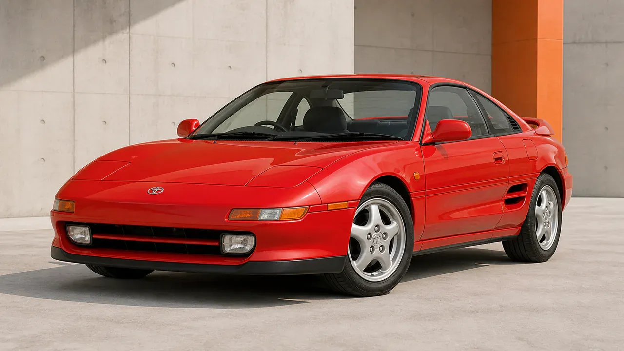 AI-generated editorial cover for “The Second-Generation Toyota MR2: History and Revisions”, based on Toyota MR2 Mk2 Buyers Guide.
