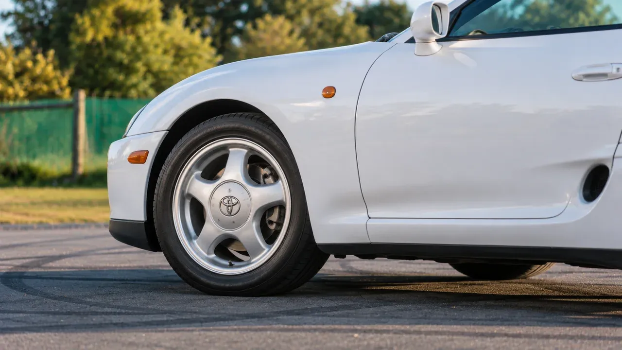 Factory wheel and side intake detail on a white Toyota Supra A80